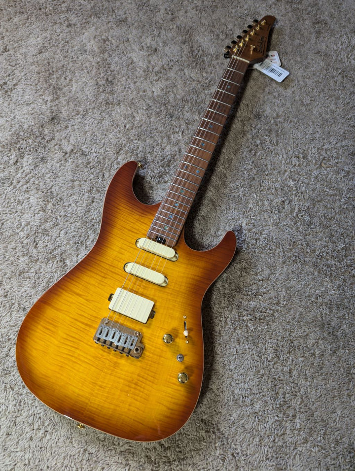 Electric Guitar Soloking MS-1 Custom 22 HSS Flat Top One Piece Roasted Flame Neck In Bengal Burst