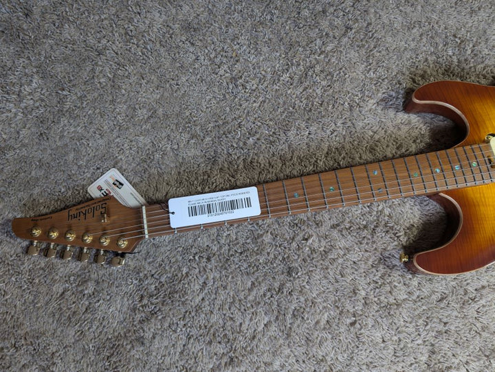 Electric Guitar Soloking MS-1 Custom 22 HSS Flat Top One Piece Roasted Flame Neck In Bengal Burst