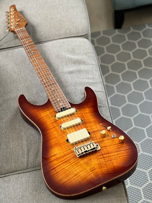 Electric Guitar Soloking MS-1 Custom 22 HSS Flat Top One Piece Roasted Flame Neck In Bengal Burst